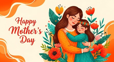 Happy mother's day illustration of loving mom embracing child with beautiful flowers