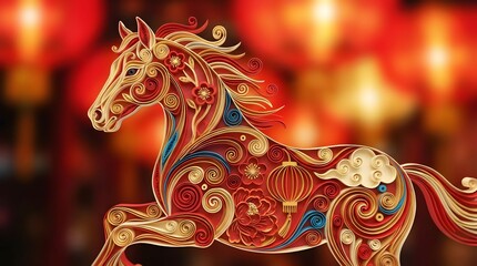 Decorative horse with colorful designs runs against a backdrop of lanterns during a festive celebration Generative AI