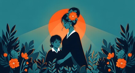 Mother's day illustration of a mother and child in a floral landscape with sunset