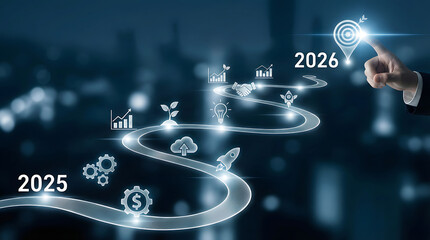 Hand pointing at target symbol at the end of glowing digital road timeline transitioning from year 2025 to 2026 representing strategic business planning and achievement
