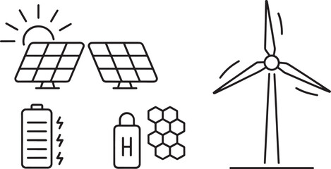 Obraz premium Various renewable energy technology components including solar panels, a wind turbine, batteries, and hydrogen storage are depicted in a graphic set.