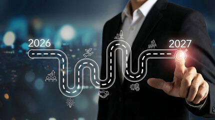 Businessman hand touching virtual screen timeline from year twenty twenty six to twenty twenty seven showing roadmap for corporate strategy planning and future business goal achievement