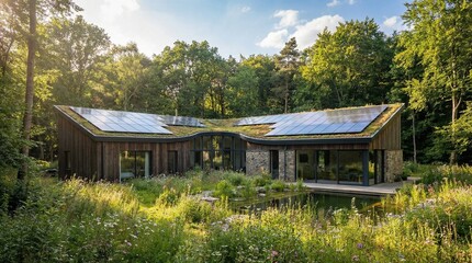 Modern Eco-Friendly House with Solar Panels on Roof in Green Forest Nature 3D Render