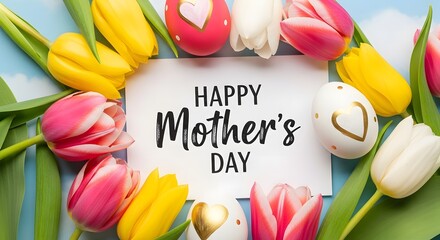 Happy mother's day wishes with colorful tulips and greeting card