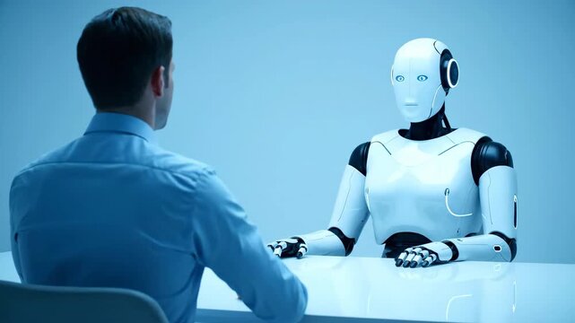 Man and humanoid robot interact in a futuristic blue-lit office.