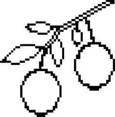 Obraz premium pixel art olive branch with two olives and leaves, simple black outline digital drawing of fruit and foliage