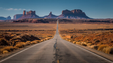 Fototapeta premium long, straight highway stretches toward iconic sandstone formations in Monument Valley, capturing the spirit of adventure and vastness of the American Southwest