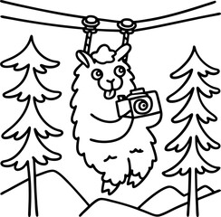 Fototapeta premium Llama hanging on zip line with camera in forest mountains, adventure wildlife exploration