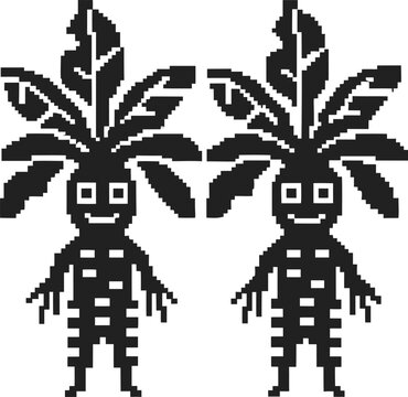 Pixel art mandrake root characters with leafy heads and smiling faces, retro 8 bit figures