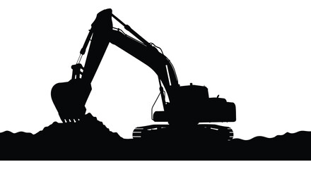 A striking black and white depiction of a powerful excavator working at a construction site rendered as a dramatic silhouette © rabbivay