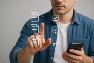 Man using digital checklist interface with futuristic icons while holding smartphone, illustrating modern business workflow concept on gray background. Ai generative