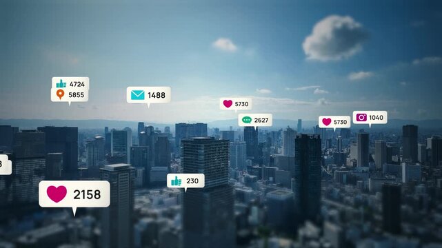 現代都市のドローン空撮とソーシャルメディアのコンセプト