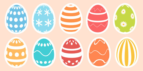 Set of colorful stickers with Easter eggs. Cute pastel spring elements for holiday designs, planners, scrapbooking, greeting cards, packaging, invitations. © Nadiia