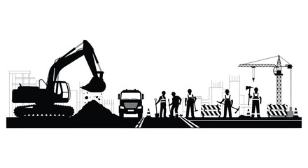 A striking black and white depiction of a busy construction site with heavy machinery workers and building structures rendered as a silhouette © rabbivay
