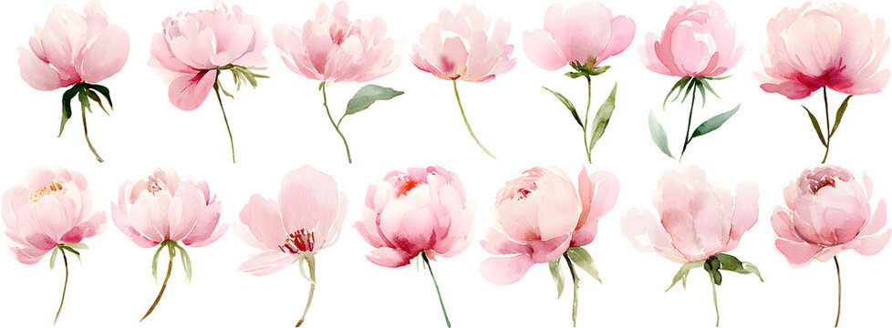 Hand-drawn pink peony bud set with green stems