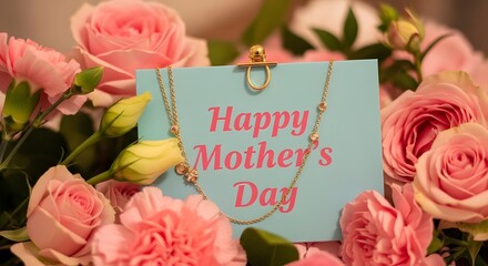 Happy mother's day wishes with beautiful pink roses and gold necklace