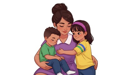 Happy mother's day family portrait with mother and two children embrace