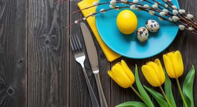 Easter Table Setting with Yellow Eggs, Tulips, and Willow Branches on Wooden Background
