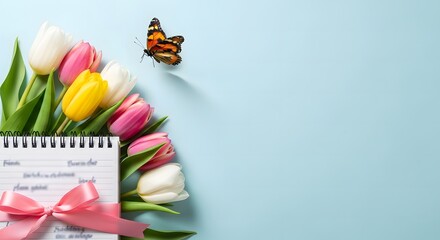 Happy mother's day bouquet of colorful tulips with butterfly and card