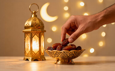 Ramadan Iftar Meal - Hand Reaching for Dates next to a Glowing Lantern and Crescent Moon Decoration.