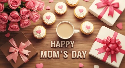 Happy mom's day celebration with roses gifts and cupcakes