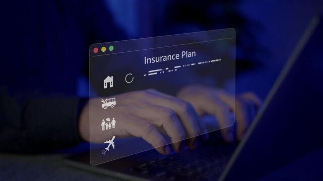 Businessman using laptop for online insurance plan selection with virtual icons of house, car, family, and travel. Concept of digital risk management, security policy, and financial protection.