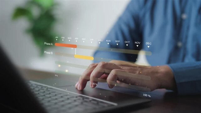 Businessman working with laptop and virtual Gantt chart for project management, planning schedule, and task tracking workflow. Professional concept for corporate efficiency and digital organization.