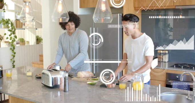 Curly-haired man reaching for plate, two men doing food prep at island, HUD highlighting items