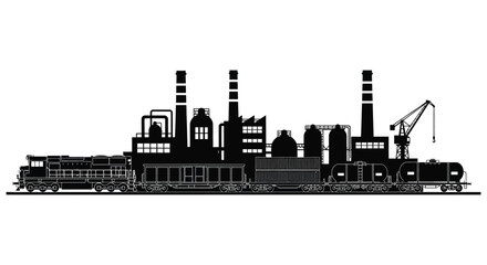 Obraz premium a striking black and white depiction of an industrial cityscape with a train and smokestacks presented as a silhouette high quality