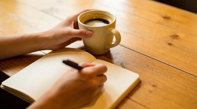 right-handed woman with cup of coffee writing in notebook at wooden table, closeup 