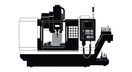 Detailed depiction of an industrial milling machine in a stark black and white design showcasing its complex components silhouette high quality © rabbivay