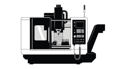 Detailed illustration of an industrial computer numerical control milling machine showcasing its internal components and control panel silhouette high quality professional © rabbivay