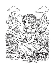 Fairy with Bird on Hand Coloring Page, Peaceful Fairytale Illustration