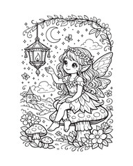 Fairy with Floating Lantern Coloring Page, Magical Fantasy Illustration