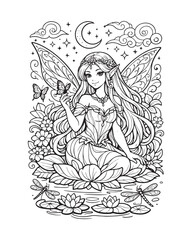 Elegant Fairy with Long Hair Coloring Page, Decorative Fantasy Line Art