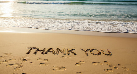 Coastal Gratitude: Thank You etched in the sand, framed by the rhythmic dance of ocean waves and the footprints of journey's taken, a serene ode to appreciation. 