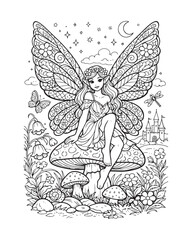 Fairy with Patterned Wings Coloring Page, Detailed Fairytale Line Art