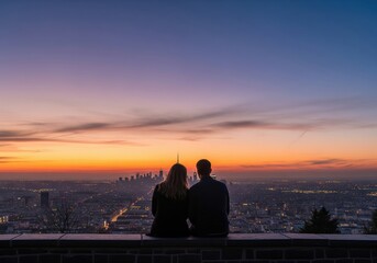 Fototapeta premium Couple enjoying a breathtaking city panorama at sunset, embracing a peaceful romantic moment together