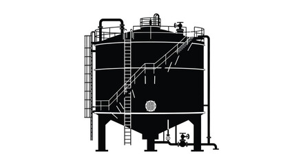 Detailed illustration depicting a large industrial storage tank with ladders and piping presented as a striking black silhouette high quality professional