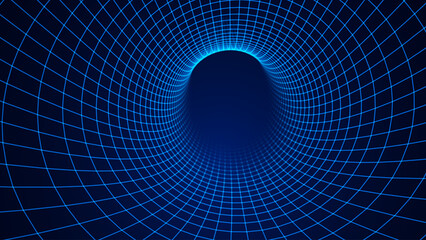 Blue Digital Tunnel or Wormhole Wireframe. Abstract Mesh with Hole. 3D Tunnel Grid Mesh inside Tube. Blue Hi Tech Texture. Technology or Science Vector Illustration. © ec0de