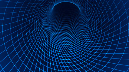 Blue Digital Tunnel or Wormhole Wireframe. Abstract Mesh with Hole. 3D Tunnel Grid Mesh inside Tube. Blue Hi Tech Texture. Technology or Science Vector Illustration.