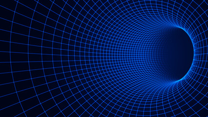 Blue Digital Tunnel or Wormhole Wireframe. Abstract Mesh with Hole. 3D Tunnel Grid Mesh inside Tube. Blue Hi Tech Texture. Technology or Science Vector Illustration. © ec0de