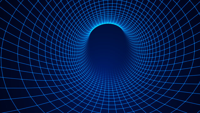 Blue Digital Tunnel or Wormhole Wireframe. Abstract Mesh with Hole. 3D Tunnel Grid Mesh inside Tube. Blue Hi Tech Texture. Technology or Science Vector Illustration.