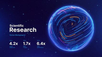 Tech Neon Lines Energy Orb. 3D Sphere Science Globe With Abstract Glowing Lines Representing Microbiology, Cell Research, or Nanotechnology On Dark Blue Background. Vector Illustration.