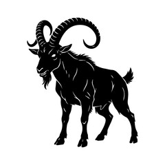 Strong black silhouette of a fighting ram with big curved horns.  