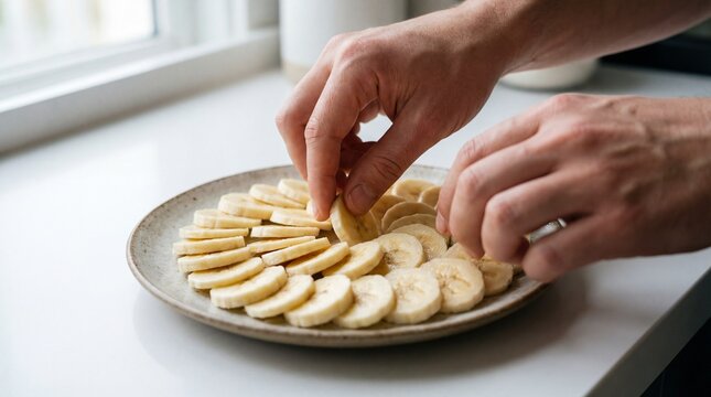 A person arranging sliced bananas on a plate hands-only food prep in a bright kitchen
