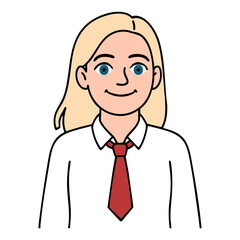 Young person in suit with red tie, blonde hair