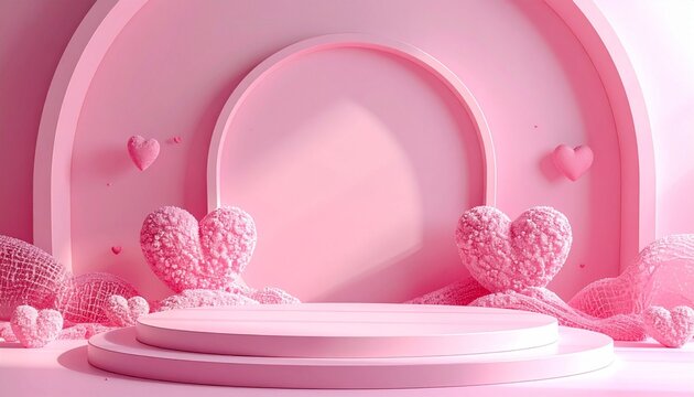Pink Podium Background for product symbols of love, valentines day 3d. Valentines Day Pink Podium With Hearts With Gradient Mesh