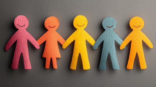Diverse group of smiling paper figures holding hands, symbolizing unity and community