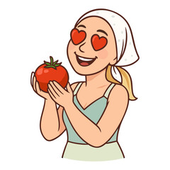 Woman holds tomato with heart-shaped eyes